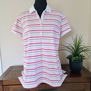 Adidas Striped Golf Shirt Women's Size Large Pink White Tan Climacool Activewear